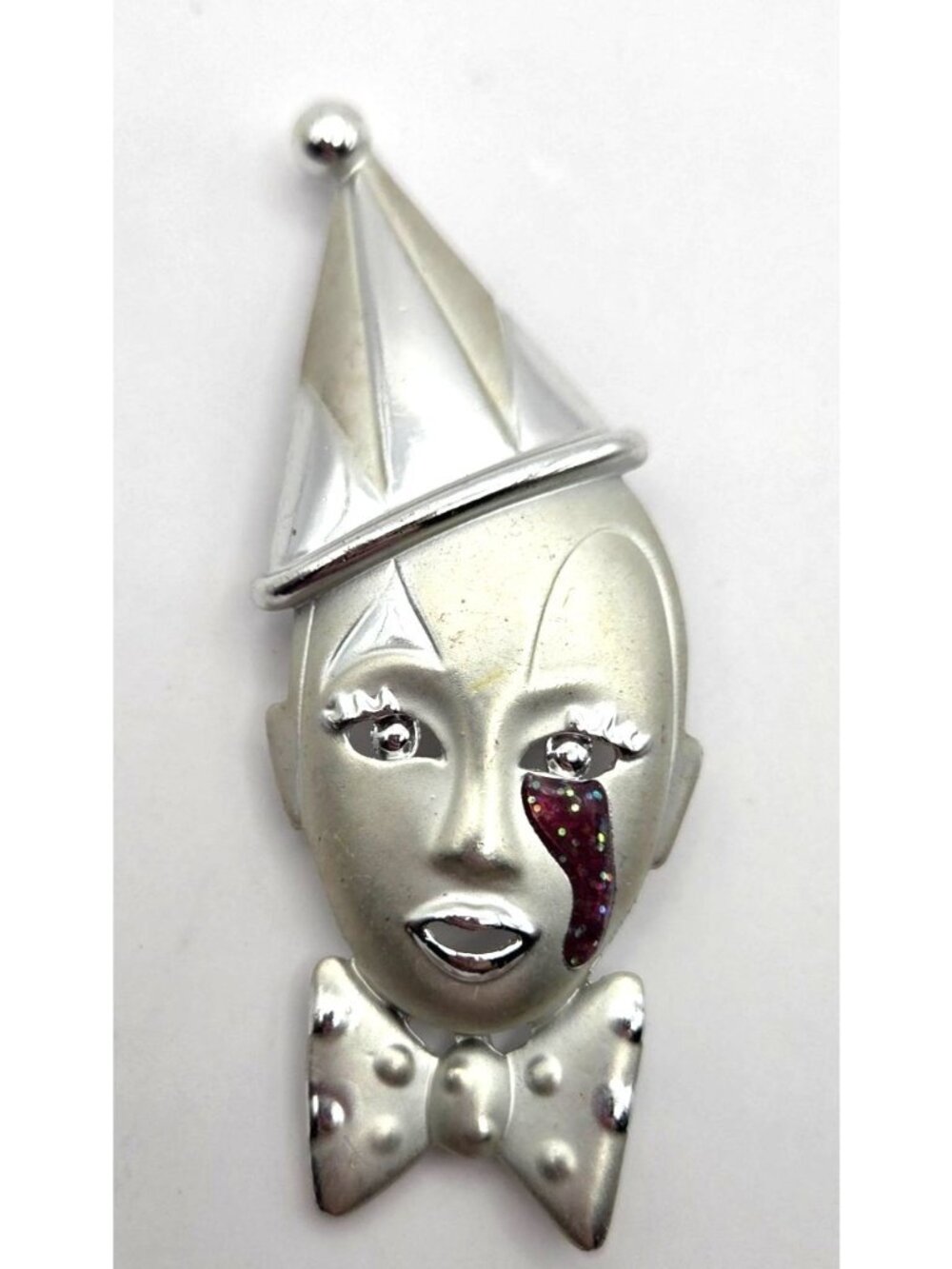 Vintage Pierrot Clown Face Pin Brooch With Glitter Tear Drop & Bow Tie Design